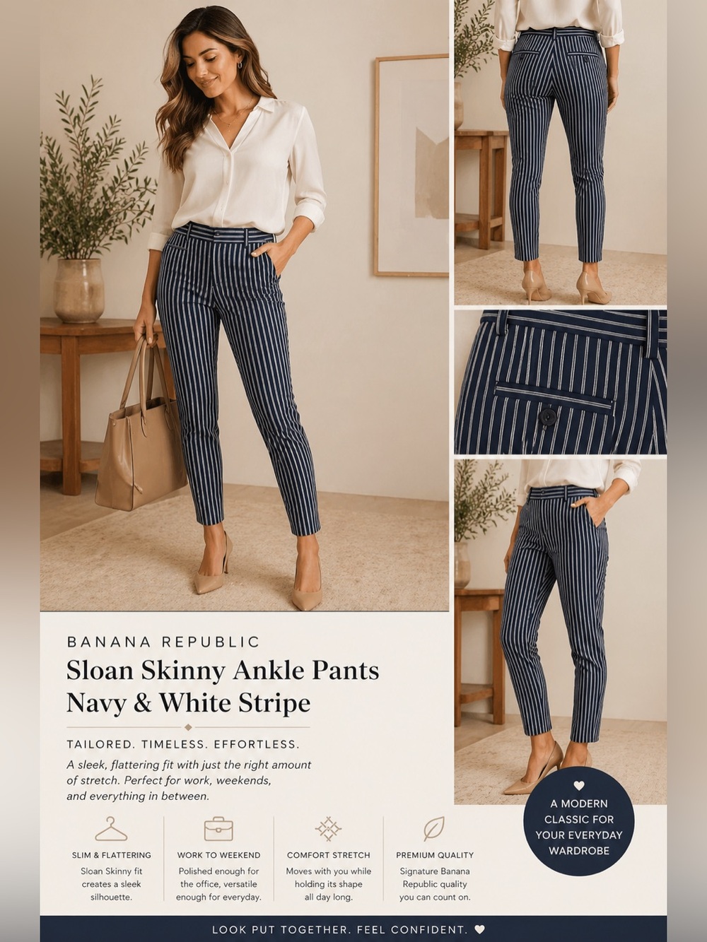 Banana Republic Sloan Skinny Ankle Pants Navy White Stripe Size 0